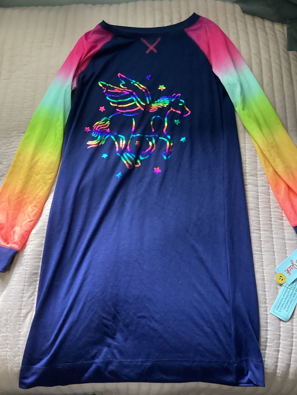 Cat & jack XL Girls Navy Rainbow Pegasus nightgown with Tie-Dye long Sleeves